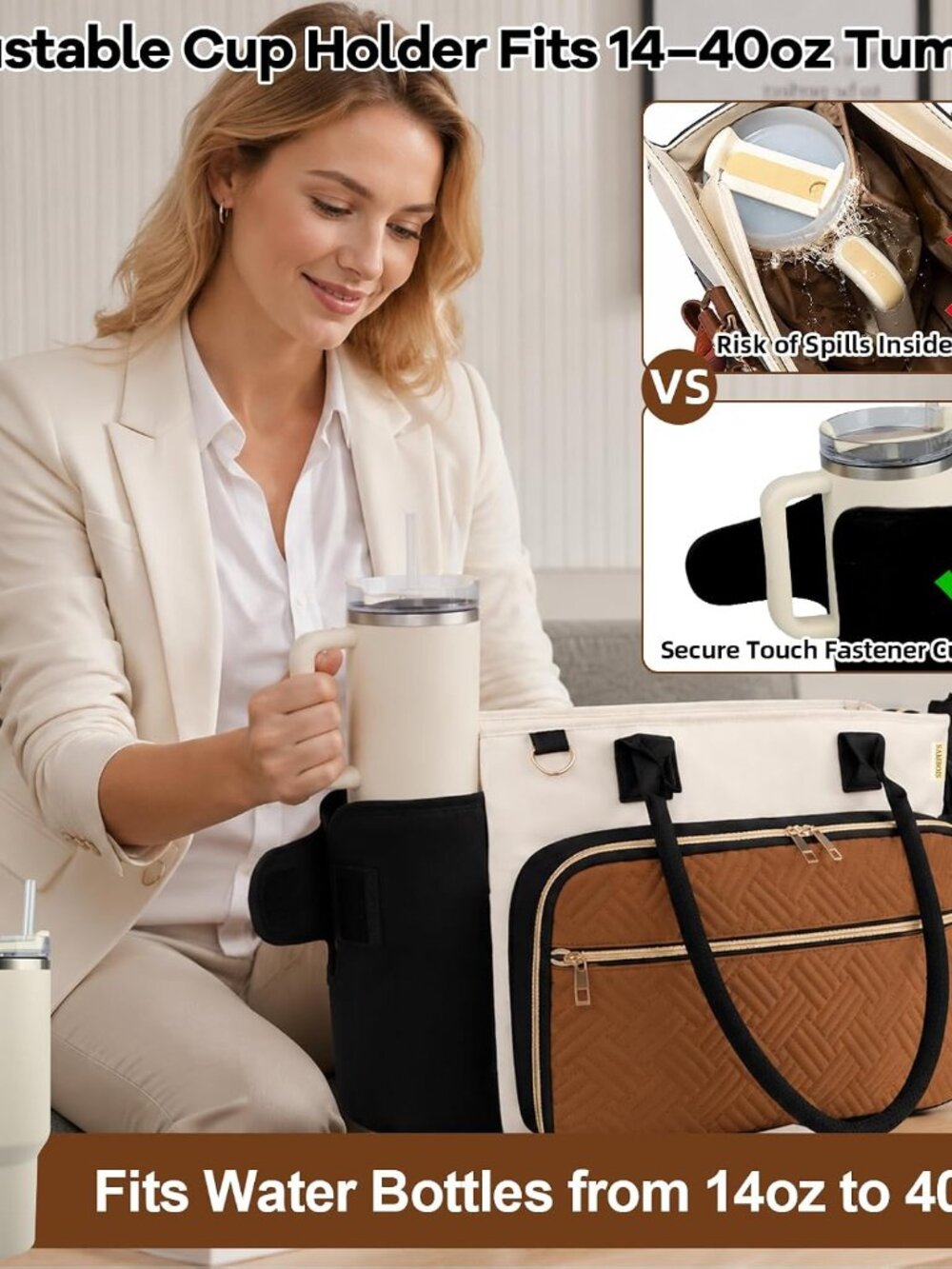 Teacher Tote Bag for Women with Large Cup Holder& 15.6 Inch Laptop Compartment, - Picture 7 of 8